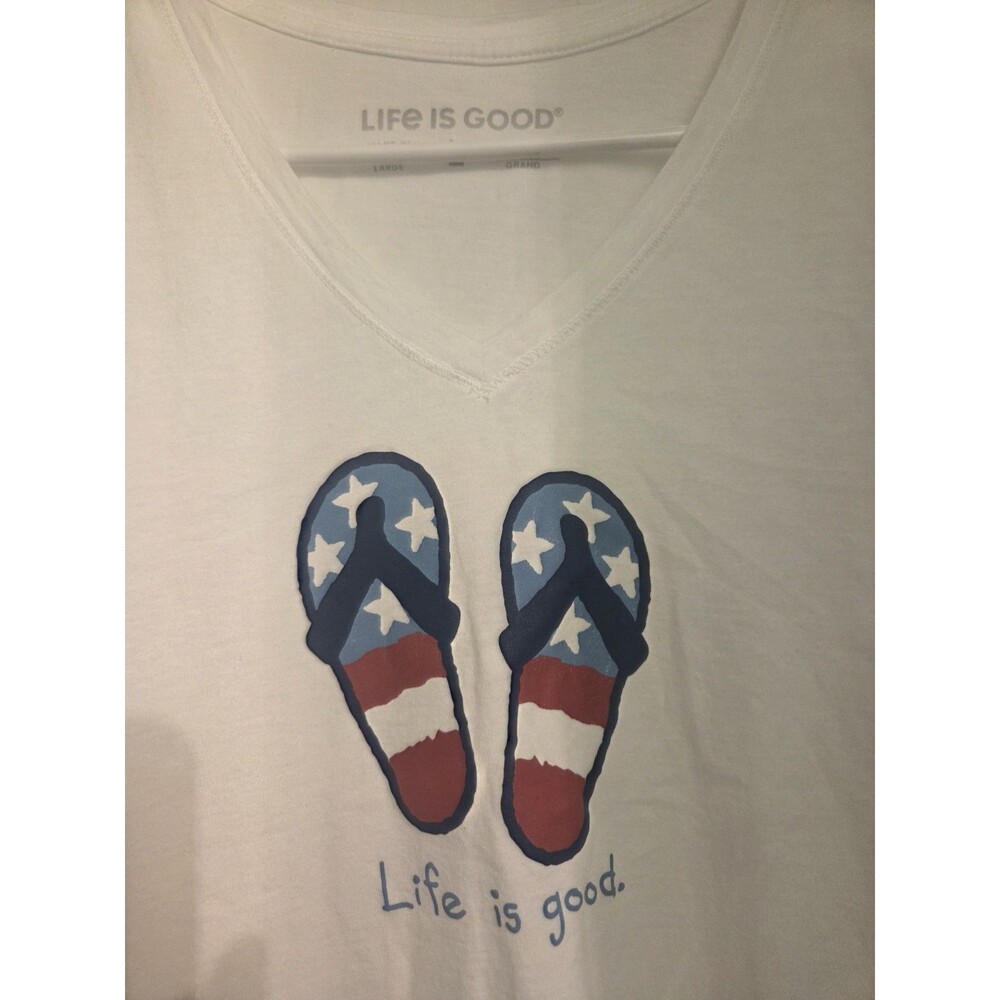 LIFE IS GOOD Womens Ivory 100% Cotton T-Shirt L "Flip Flop US" Short Sleeve